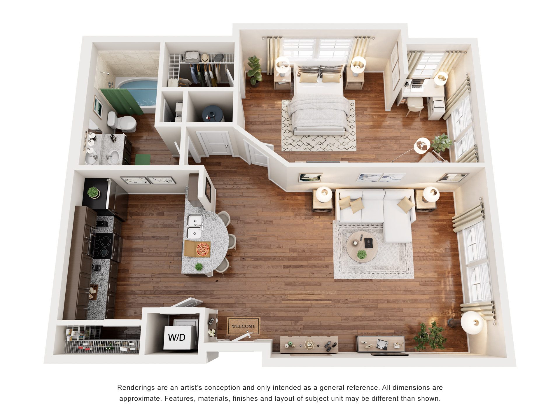 Floor plan for 1 bed, 1 bath, 736 sqft